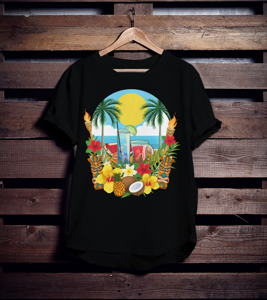 Tropical Sunset With Palm Trees And Exotic Drinks Amidst Tiki Torches And Hibiscus Flowers T-Shirt