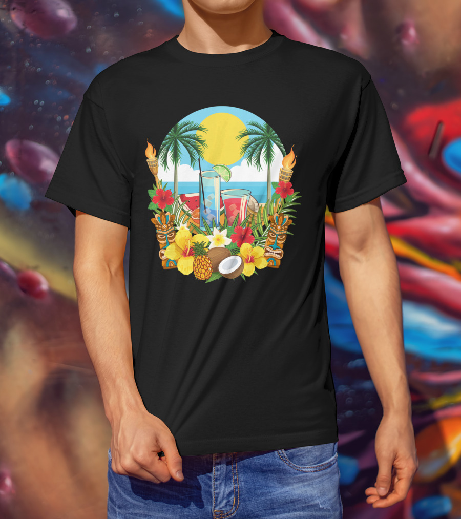 Tropical Sunset With Palm Trees And Exotic Drinks Amidst Tiki Torches And Hibiscus Flowers T-Shirt