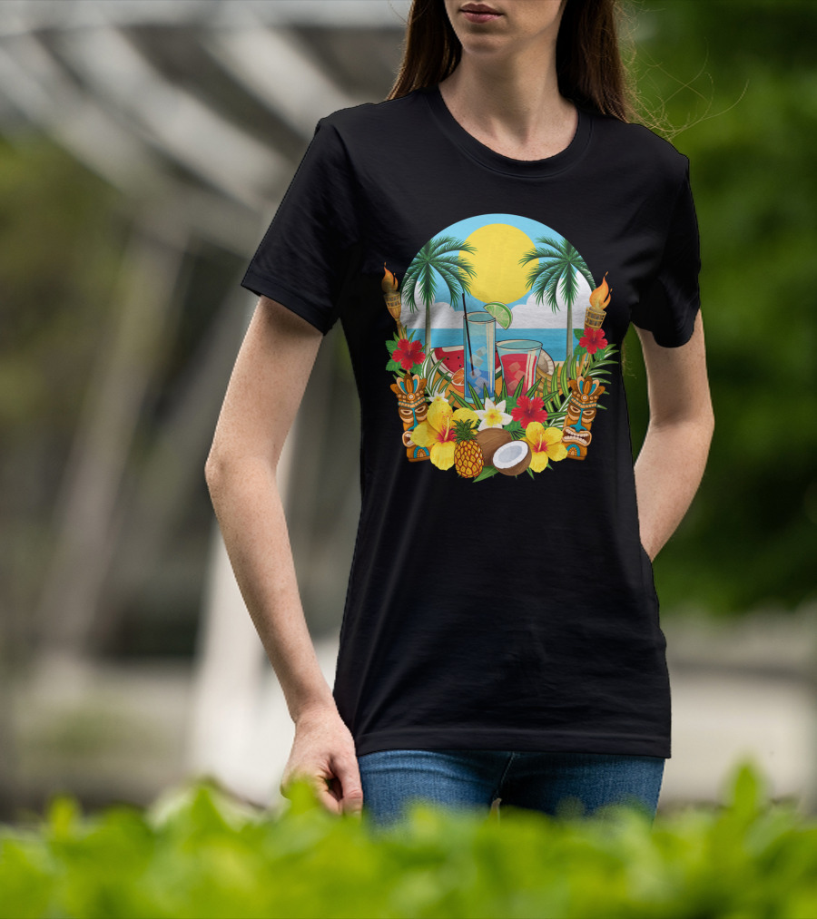 Tropical Sunset With Palm Trees And Exotic Drinks Amidst Tiki Torches And Hibiscus Flowers T-Shirt