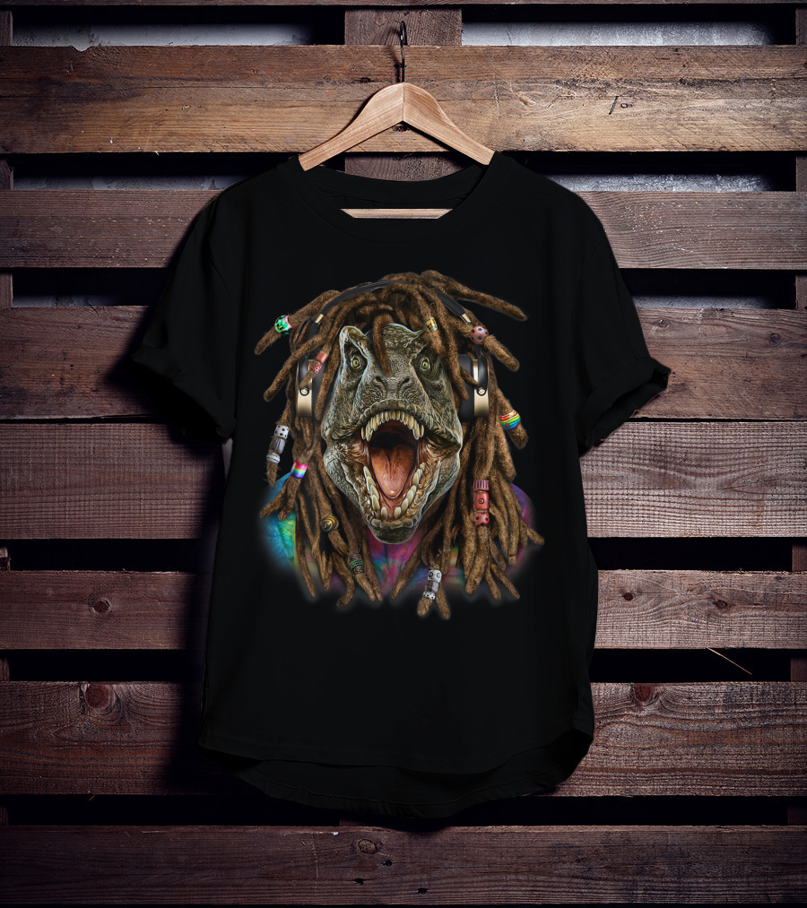 Tyrannosaurus Rex Dinosaur Reggae Dreadlocks Headphones Tie-Dye T-Shirt