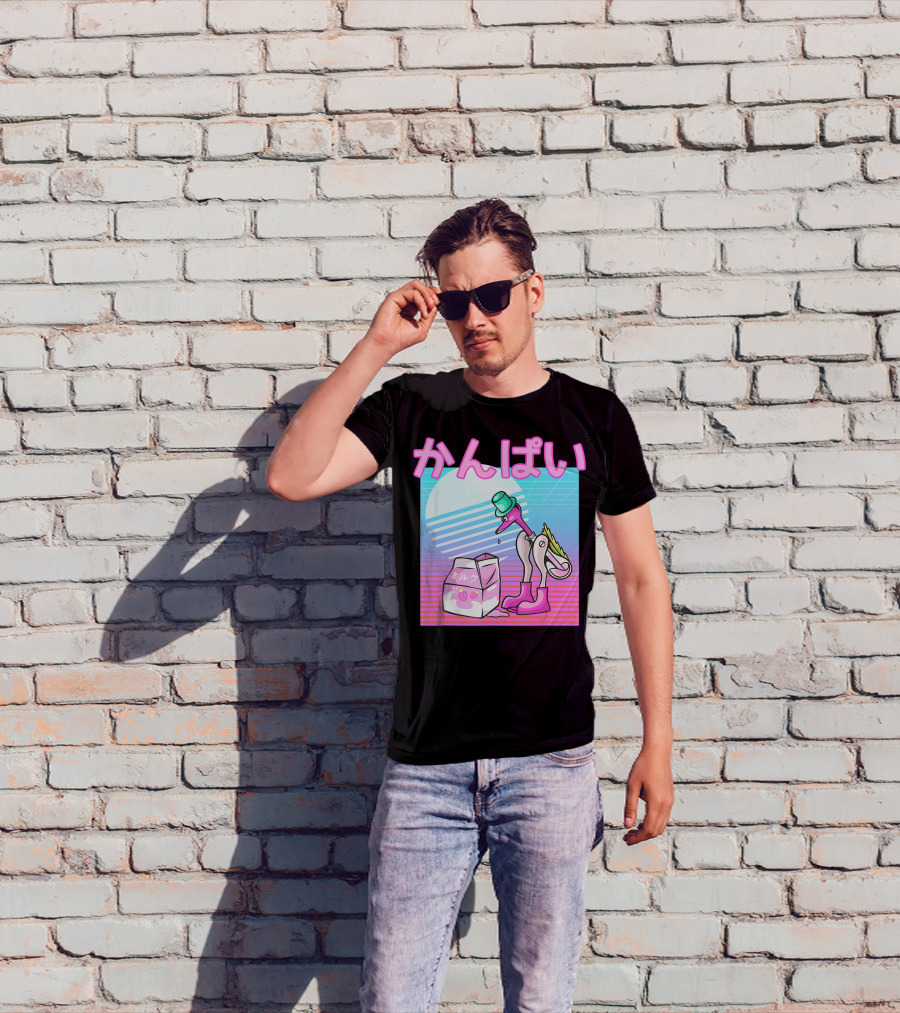 Vaporwave Strawberry Milk Kanpai Drinking Bird Toy Japanese T-Shirt