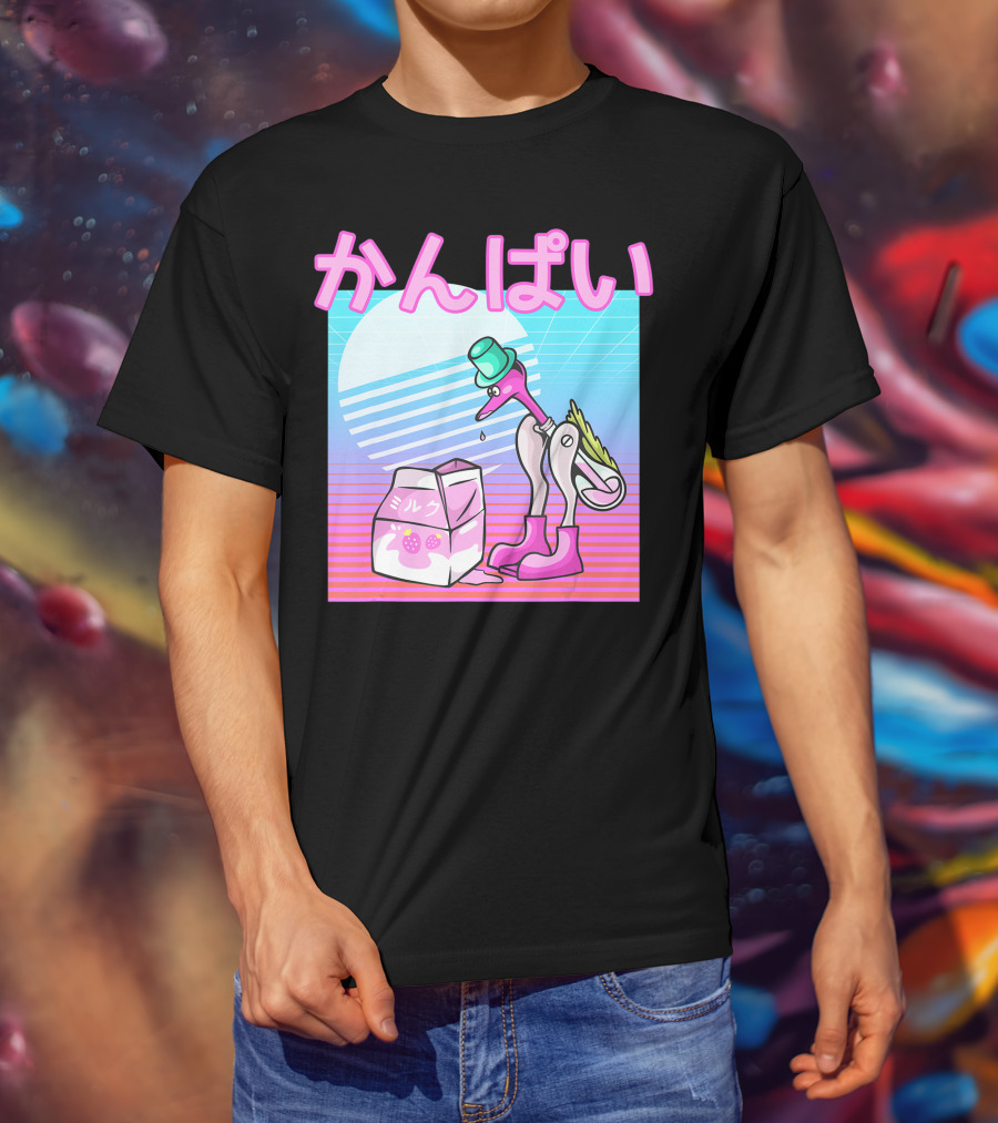 Vaporwave Strawberry Milk Kanpai Drinking Bird Toy Japanese T-Shirt