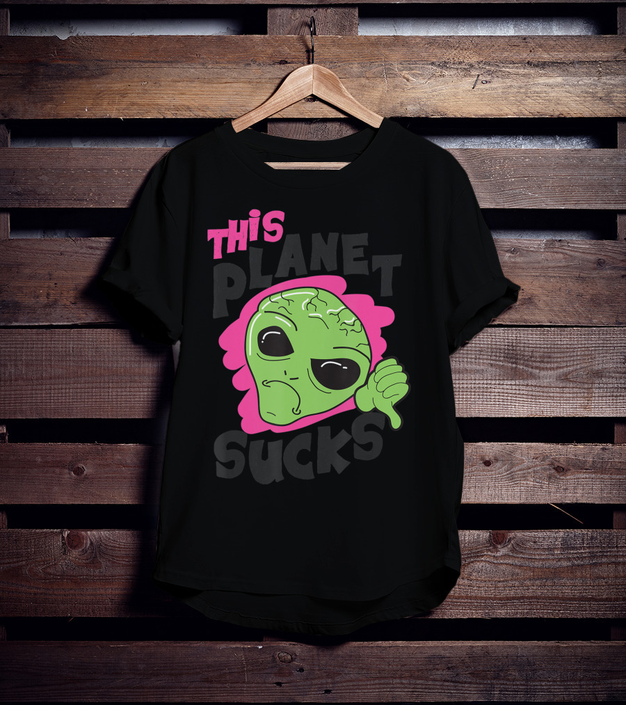 Green Alien Head Face This Planet Sucks Thumbs Down T-Shirt