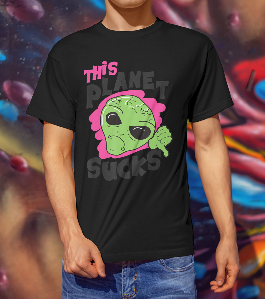 Green Alien Head Face This Planet Sucks Thumbs Down T-Shirt