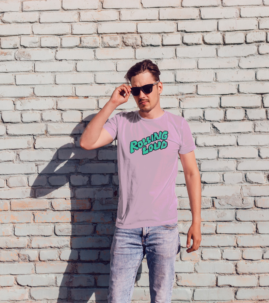 Rolling Loud Puffy Text Design On Pastel Pink Background T-Shirt
