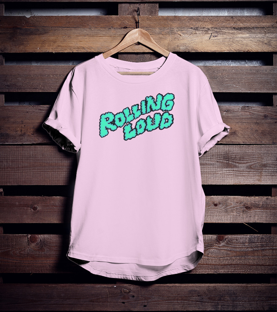 Rolling Loud Puffy Text Design On Pastel Pink Background T-Shirt