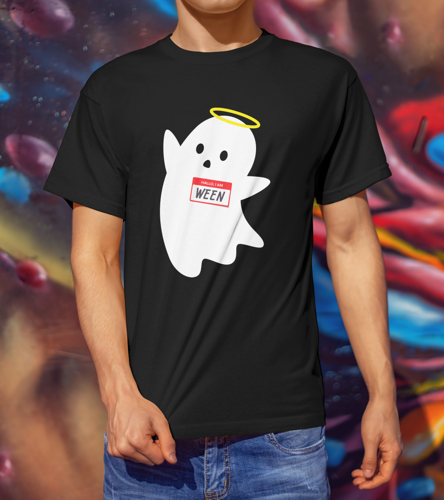 Wholesome Hallo I Am Ween Ghost With Halo And Nametag T-Shirt