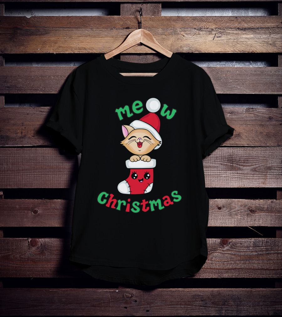 Meow Christmas Cute Kitten In Santa Hat And Stocking T-Shirt