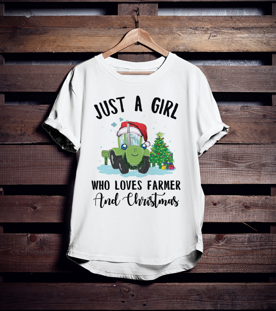 Just A Girl Who Loves Farmer And Christmas With Santa Hat Tractor And Christmas Tree T-Shirt