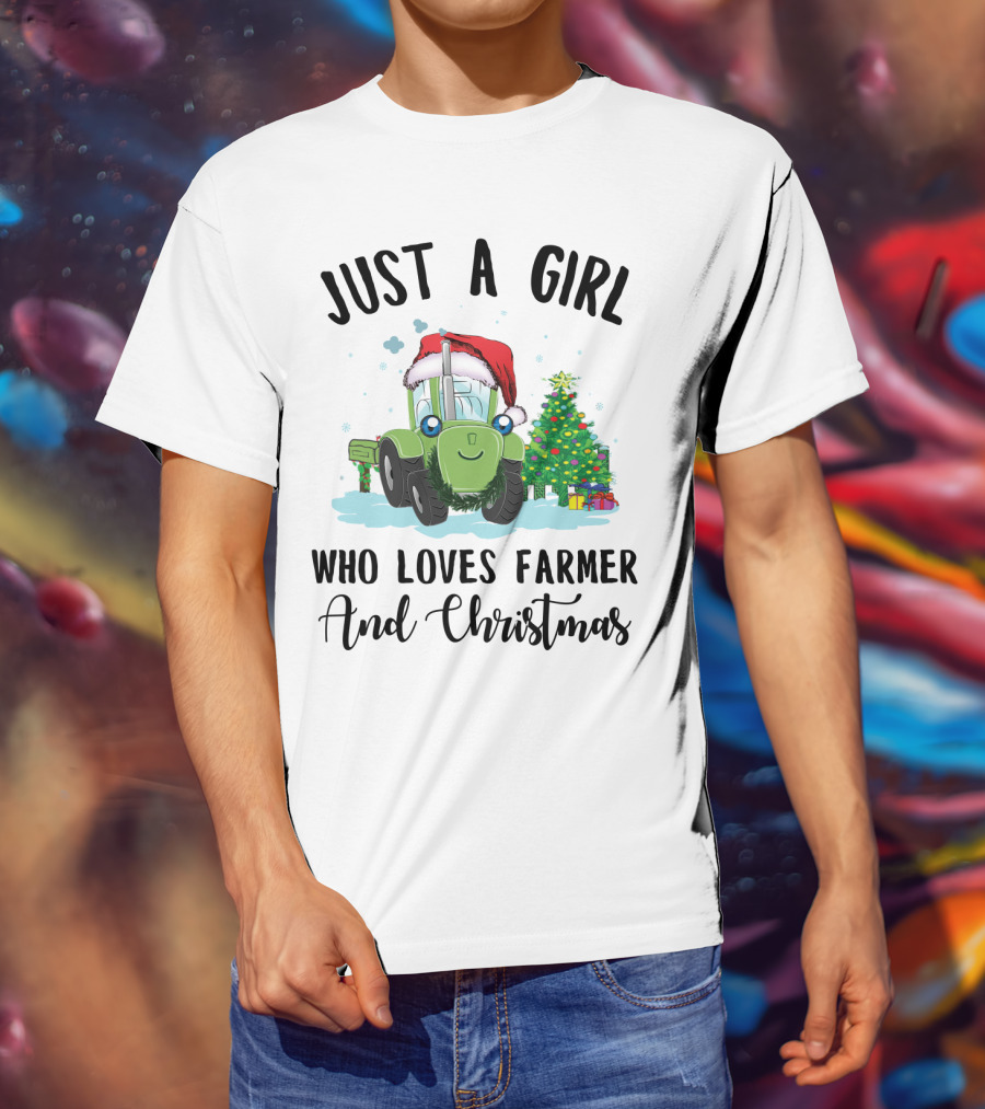 Just A Girl Who Loves Farmer And Christmas With Santa Hat Tractor And Christmas Tree T-Shirt