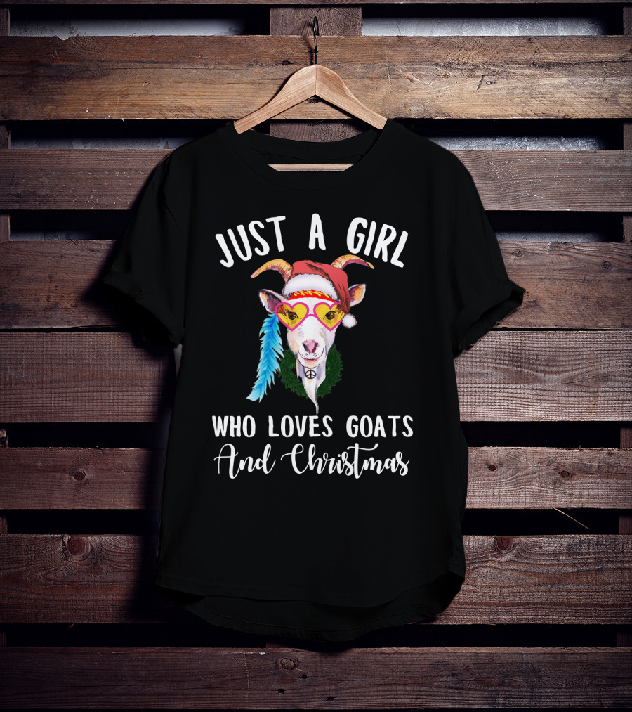 Just A Girl Who Loves Goats And Christmas With Santa Hat Peace Sign Glasses T-Shirt