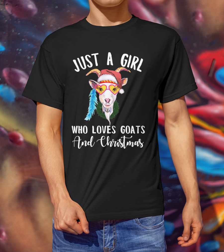 Just A Girl Who Loves Goats And Christmas With Santa Hat Peace Sign Glasses T-Shirt