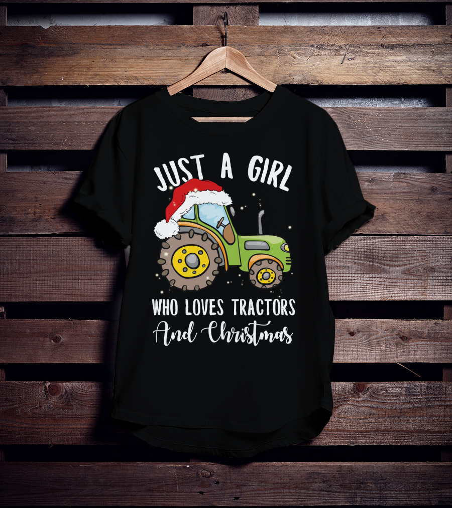 Just A Girl Who Loves Tractors And Christmas With Santa Hat T-Shirt