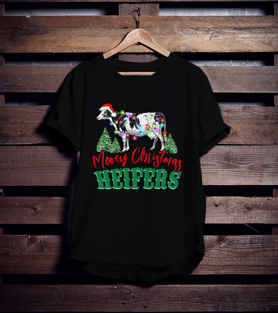 Mooey Christmas Heifers Festive Holiday Cow With Santa Hat And Christmas Trees T-Shirt