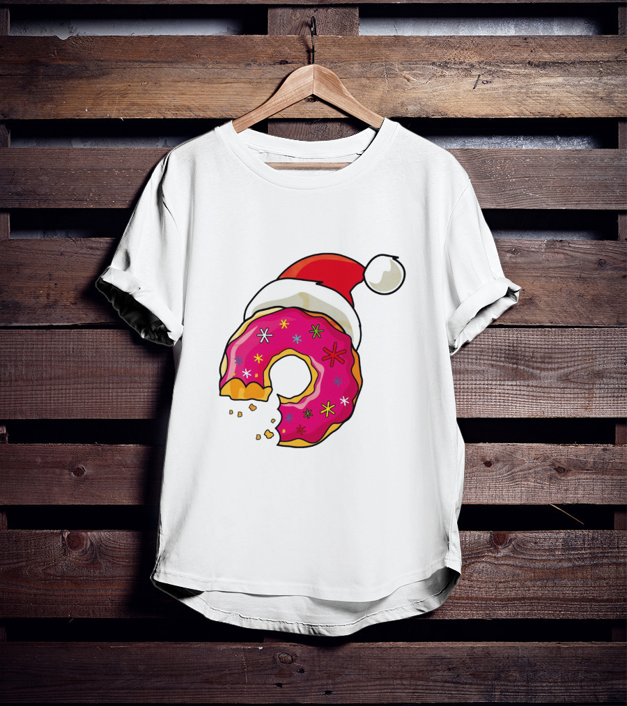 Santa Hat Candy Xmas Donut With Pink Frosting And Stars T-Shirt