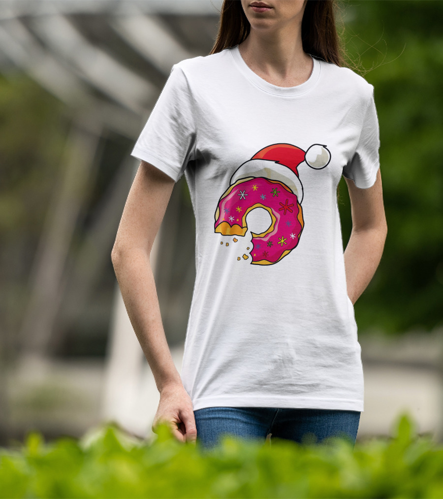 Santa Hat Candy Xmas Donut With Pink Frosting And Stars T-Shirt