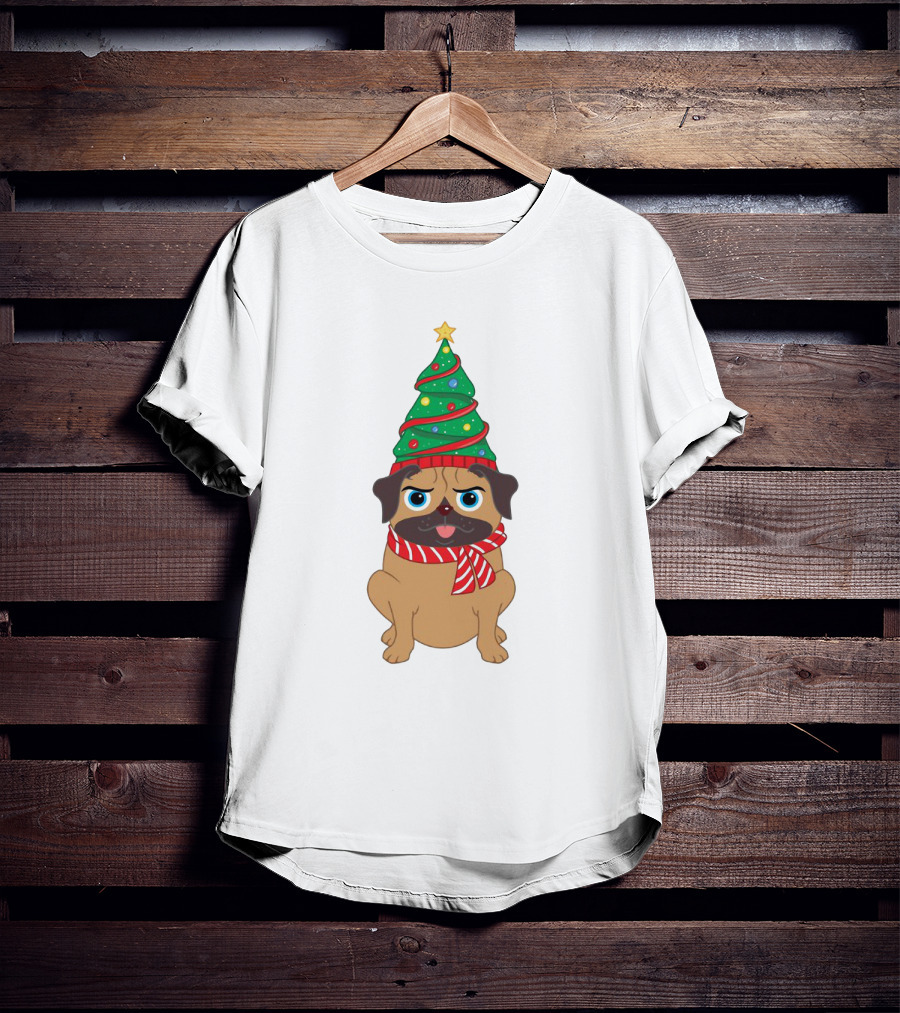 Snuggly Pug With Christmas Tree Hat And Festive Scarf Holiday T-Shirt