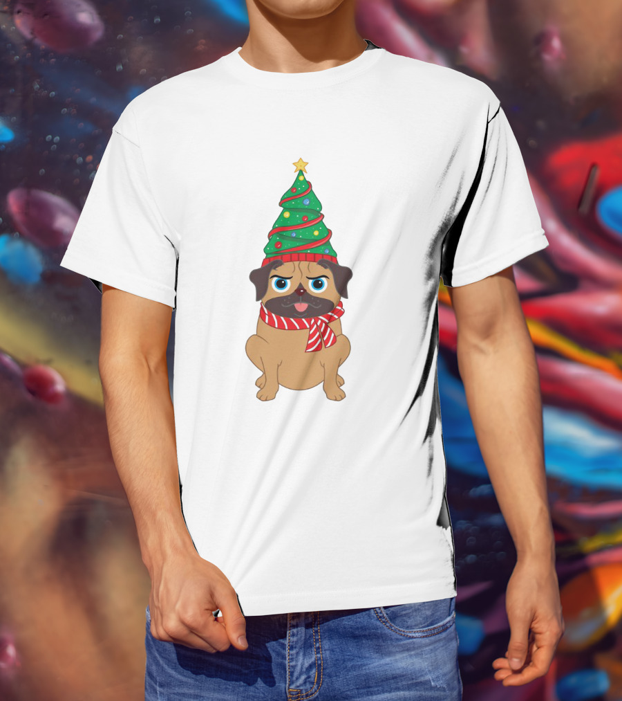 Snuggly Pug With Christmas Tree Hat And Festive Scarf Holiday T-Shirt