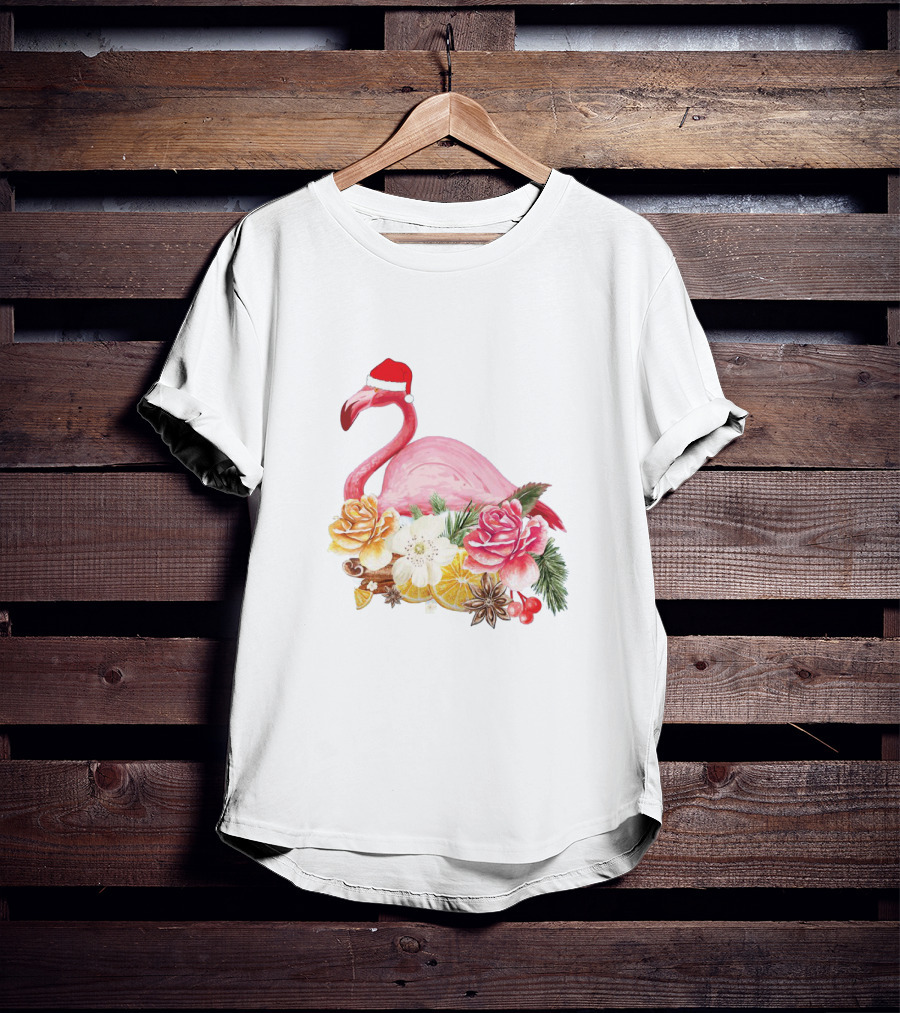 Festive Flamingo With Santa Hat And Holiday Floral Arrangement T-Shirt