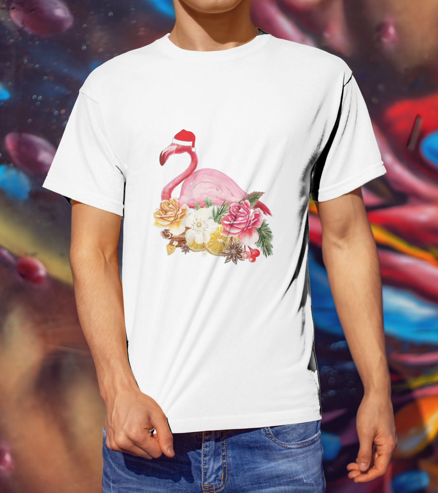 Festive Flamingo With Santa Hat And Holiday Floral Arrangement T-Shirt