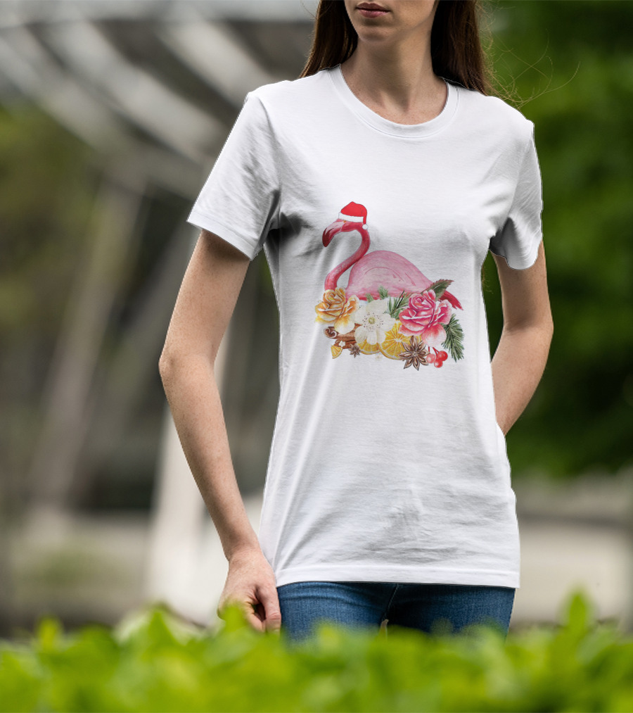 Festive Flamingo With Santa Hat And Holiday Floral Arrangement T-Shirt