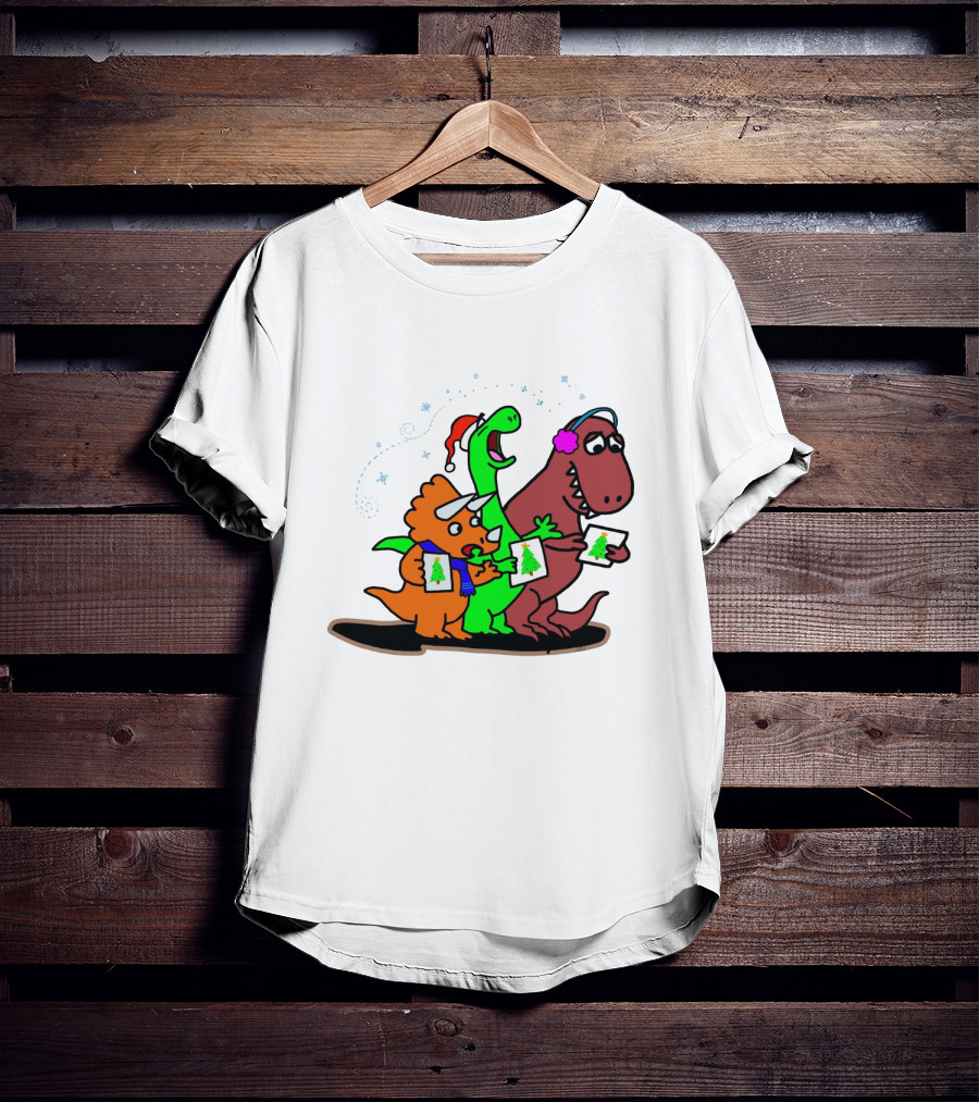 Dinosaur Trio Singing Christmas Carols With Festive Hats And Tree Cards T-Shirt
