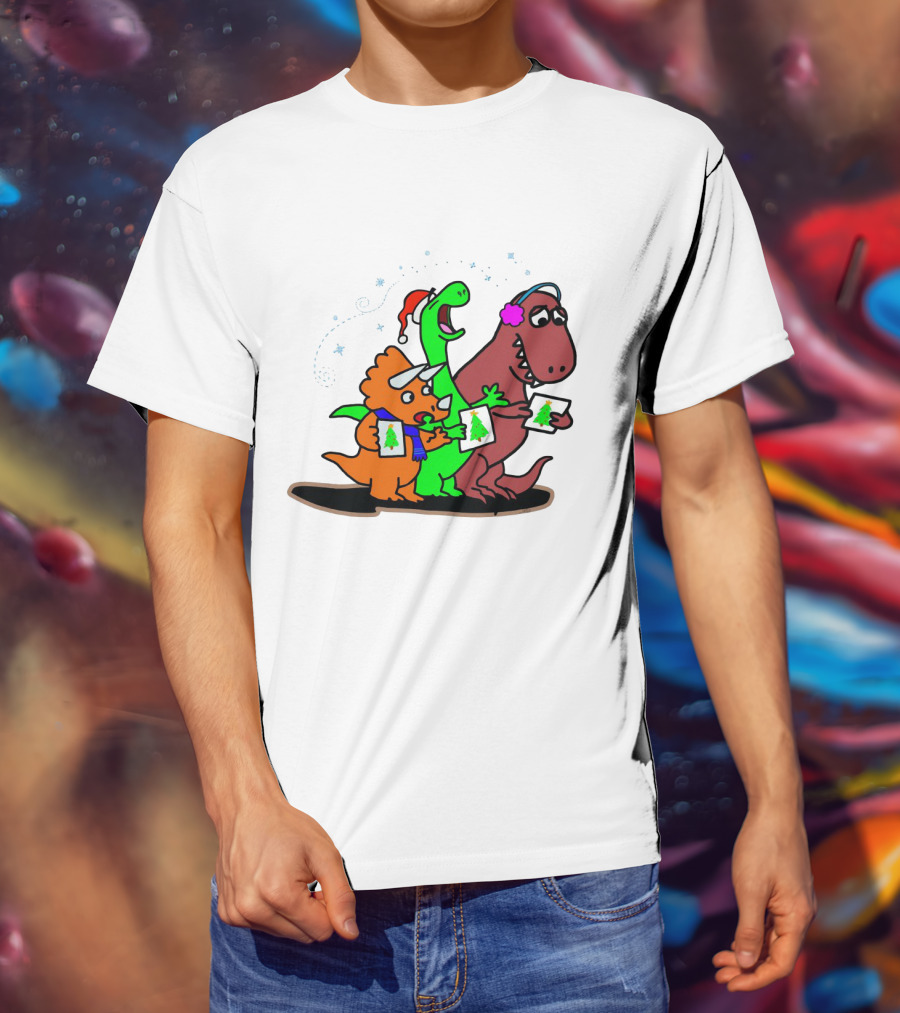 Dinosaur Trio Singing Christmas Carols With Festive Hats And Tree Cards T-Shirt