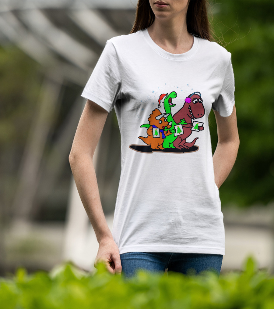 Dinosaur Trio Singing Christmas Carols With Festive Hats And Tree Cards T-Shirt