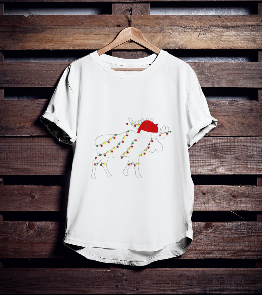 Christmas Moose Wrapped In Colorful Lights Santa Hat Family Matching Holiday T-Shirt