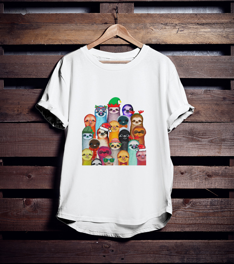 Christmas Sloths Wearing Festive Accessories And Colorful Hats T-Shirt