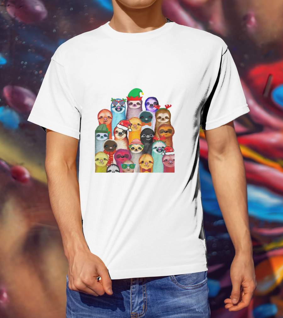 Christmas Sloths Wearing Festive Accessories And Colorful Hats T-Shirt
