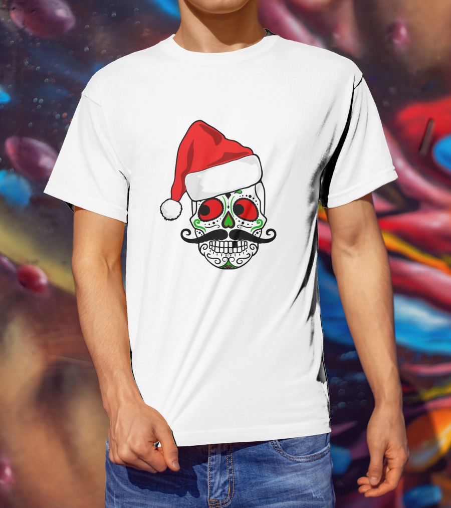 Santa Hat Festive Sugar Skull Christmas T-Shirt