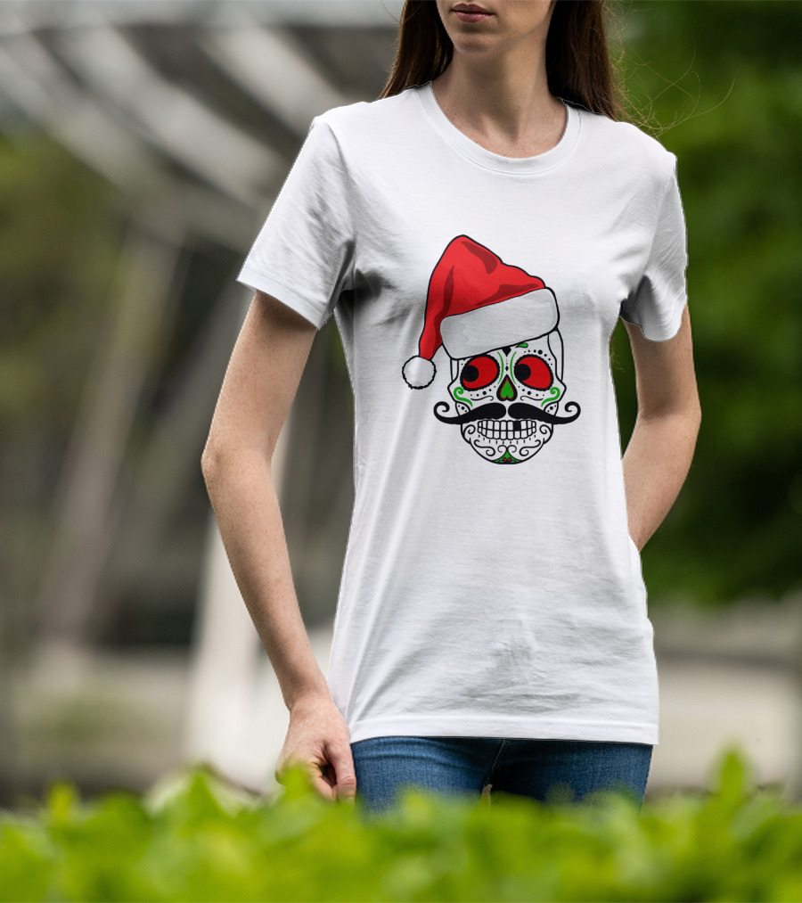 Santa Hat Festive Sugar Skull Christmas T-Shirt