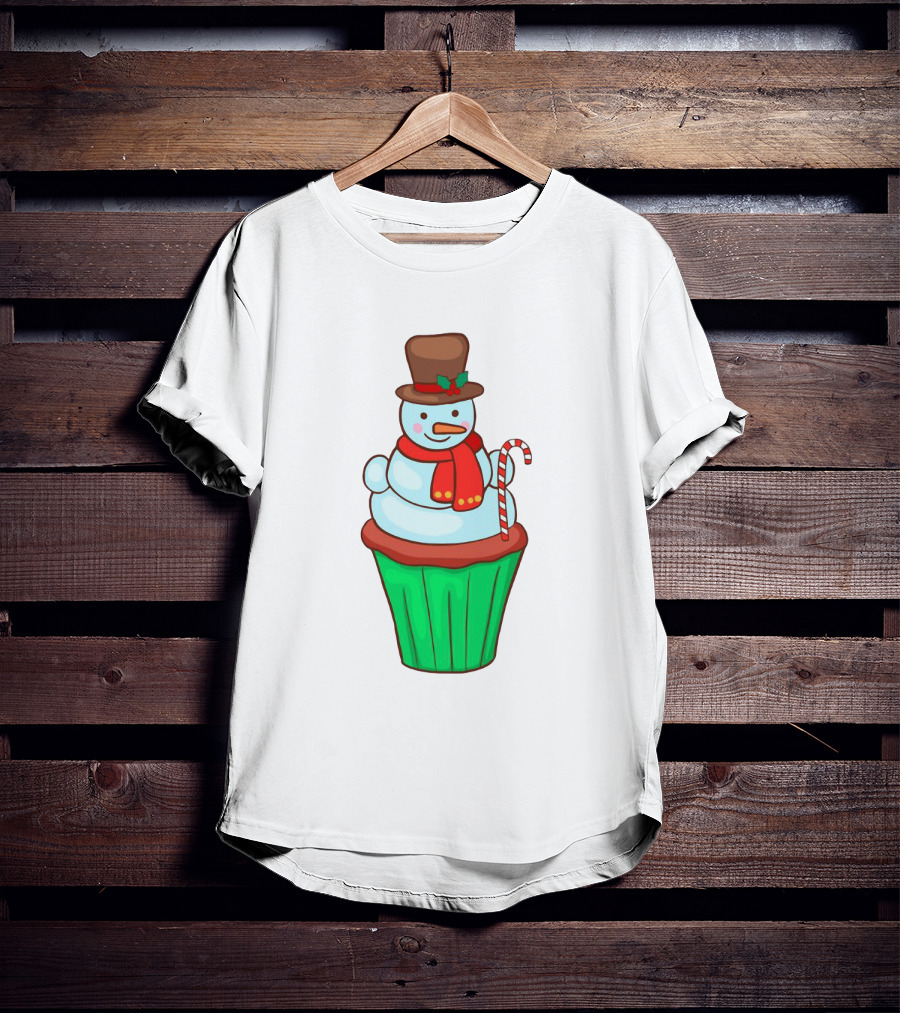 Xmas Cupcake Muffins With Snowman And Candy Cane Holiday T-Shirt