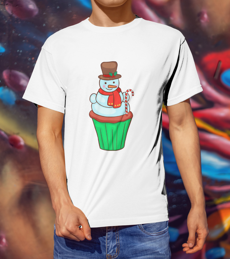 Xmas Cupcake Muffins With Snowman And Candy Cane Holiday T-Shirt