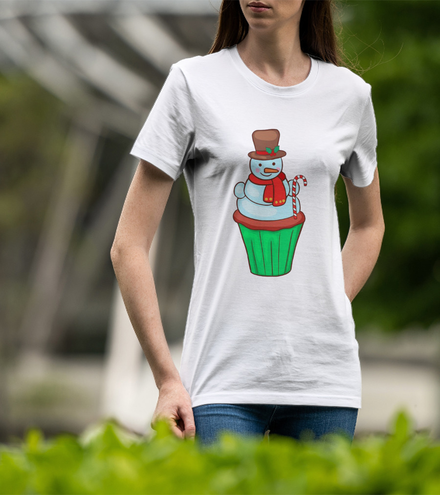 Xmas Cupcake Muffins With Snowman And Candy Cane Holiday T-Shirt