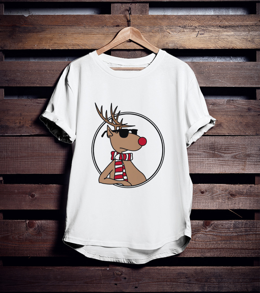 Deer Cool Reindeer In Sunglasses And Striped Scarf T-Shirt