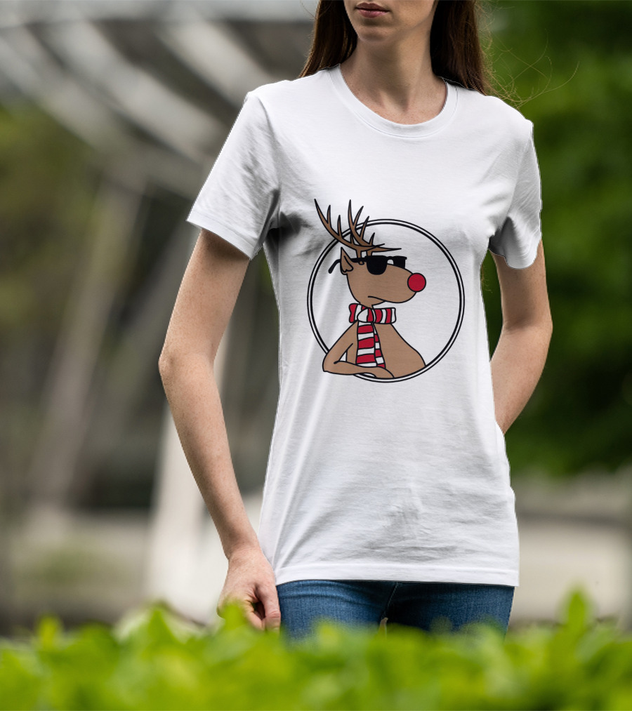 Deer Cool Reindeer In Sunglasses And Striped Scarf T-Shirt