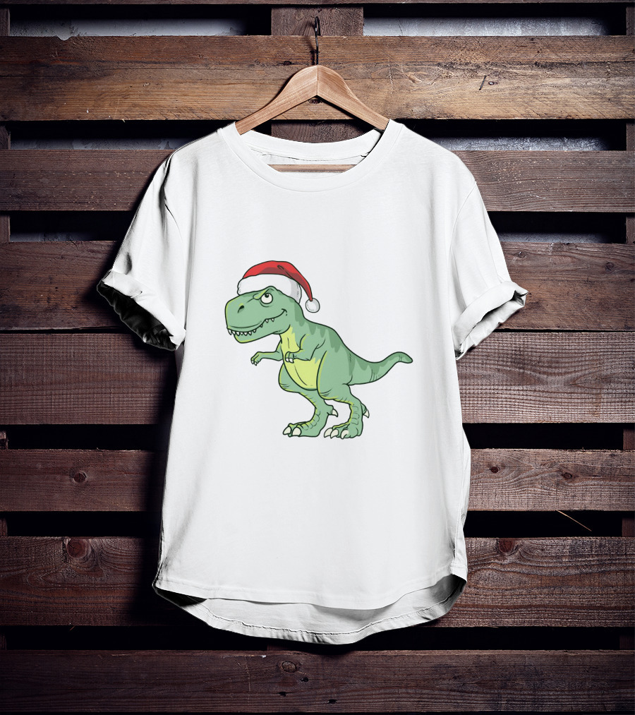 Christmas Dinosaur Wearing Santa Hat T-Shirt