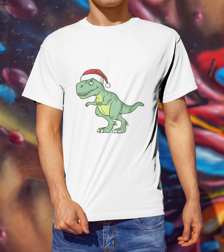 Christmas Dinosaur Wearing Santa Hat T-Shirt