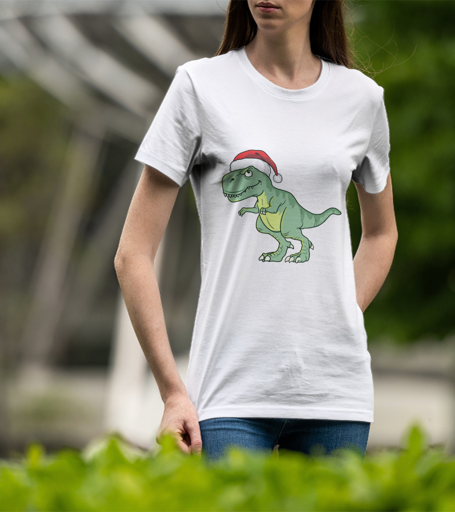 Christmas Dinosaur Wearing Santa Hat T-Shirt