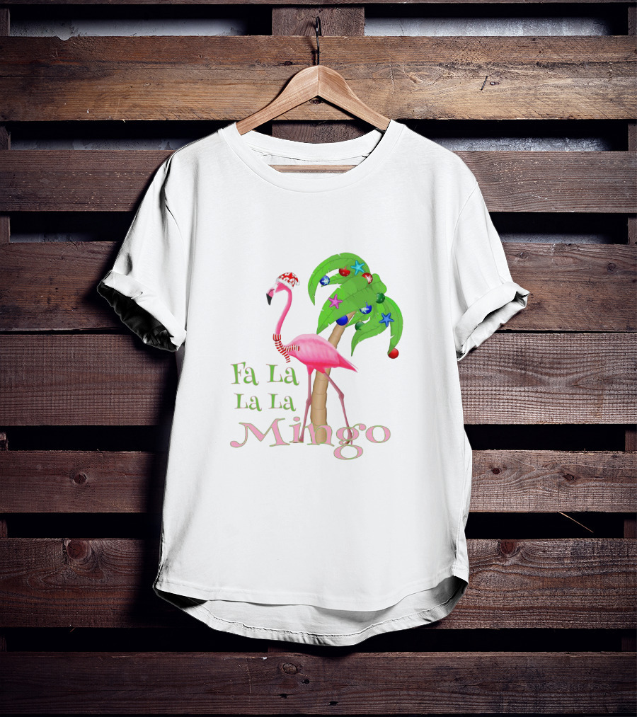Festive Fa La La La Mingo Pink Flamingo Holiday Tropical Palm Tree T-Shirt