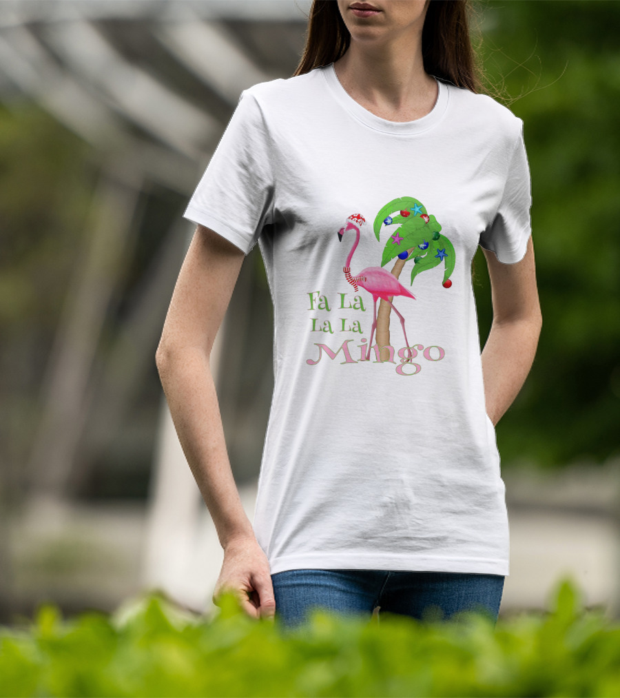 Festive Fa La La La Mingo Pink Flamingo Holiday Tropical Palm Tree T-Shirt
