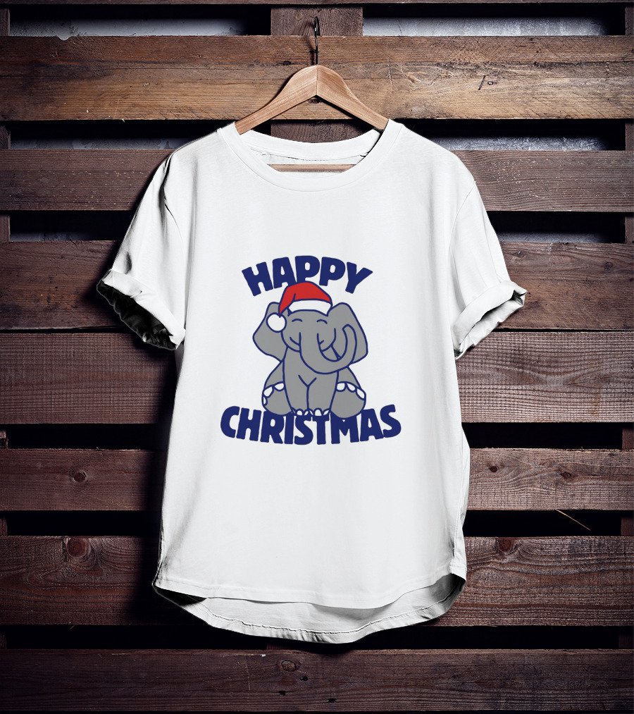 Happy Christmas Elephant With Santa Hat Festive T-Shirt