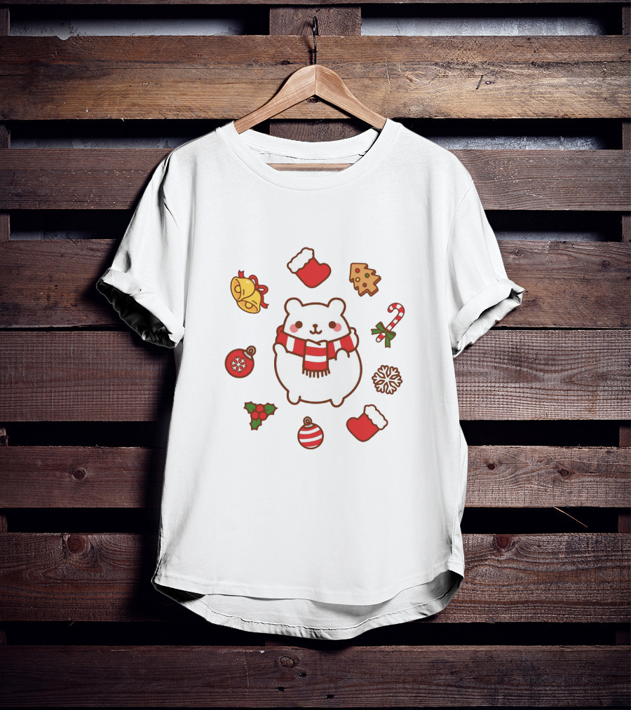 Happy Polar Bear Surrounded By Christmas Holiday Symbols T-Shirt