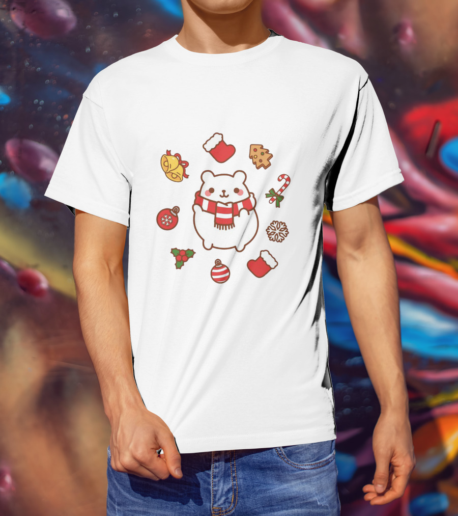 Happy Polar Bear Surrounded By Christmas Holiday Symbols T-Shirt