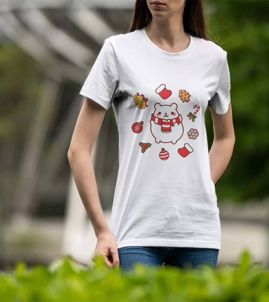 Happy Polar Bear Surrounded By Christmas Holiday Symbols T-Shirt