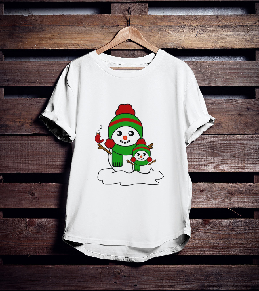 Happy Together Snowman And Singing Cardinal With Red And Green Winter Hats And Scarves T-Shirt