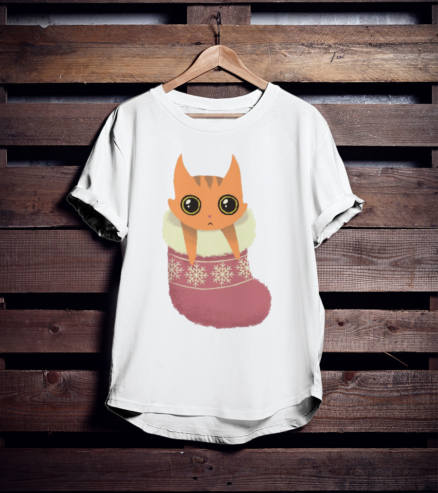 Adorable Orange Cat In Festive Christmas Stocking With Snowflake T-Shirt