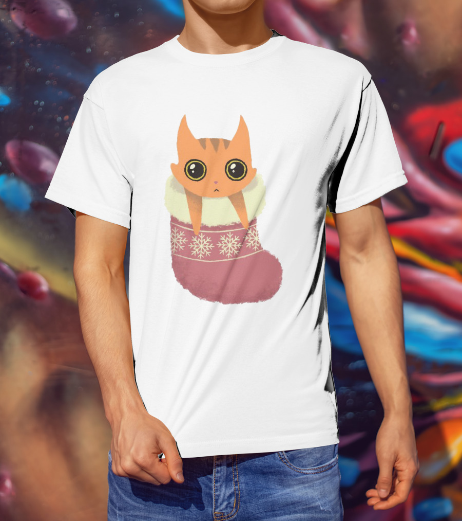 Adorable Orange Cat In Festive Christmas Stocking With Snowflake T-Shirt